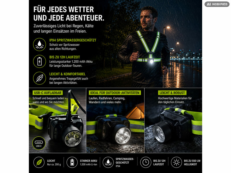 ; Akku-Stirnlampen mit LED-Band, Spotlight und farbigem Licht Akku-Stirnlampen mit LED-Band, Spotlight und farbigem Licht