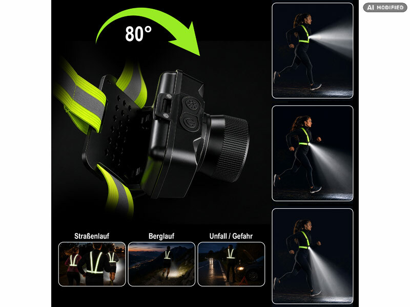 ; Akku-Stirnlampen mit LED-Band, Spotlight und farbigem Licht Akku-Stirnlampen mit LED-Band, Spotlight und farbigem Licht