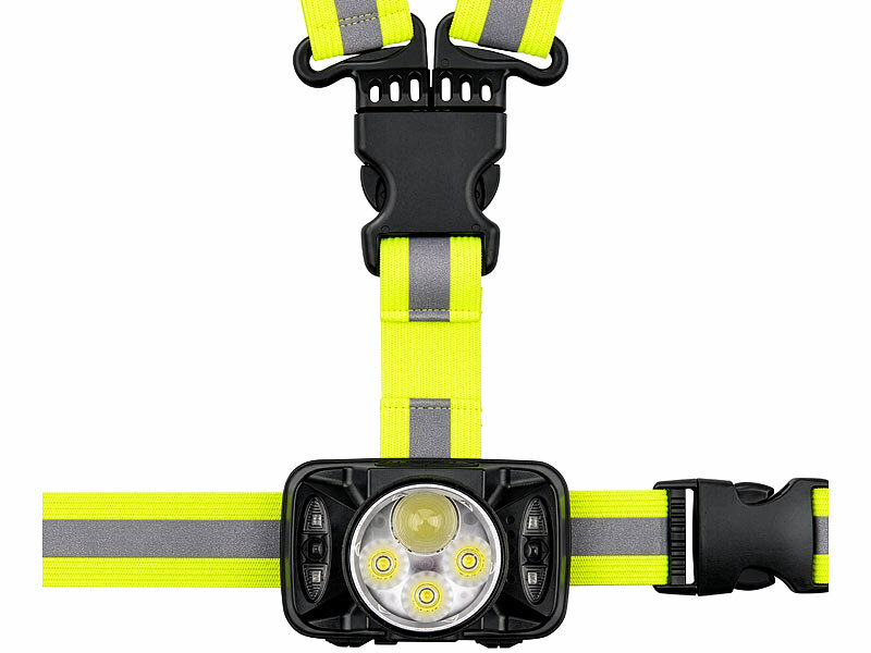 ; Akku-Stirnlampen mit LED-Band, Spotlight und farbigem Licht Akku-Stirnlampen mit LED-Band, Spotlight und farbigem Licht