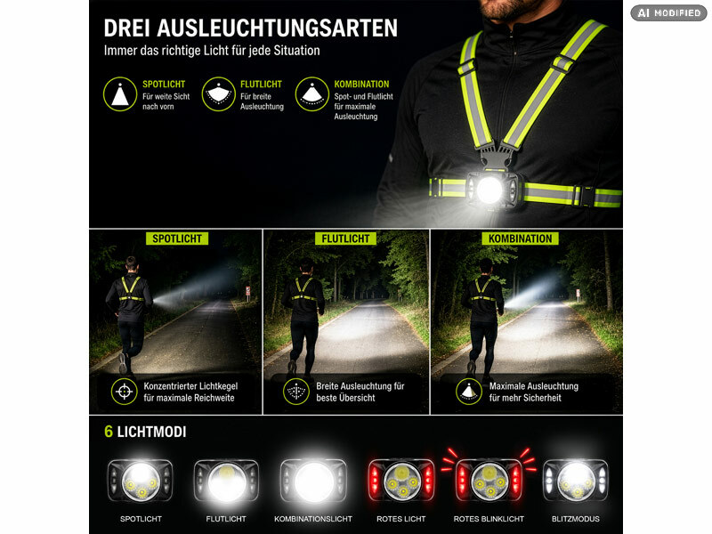 ; Akku-Stirnlampen mit LED-Band, Spotlight und farbigem Licht Akku-Stirnlampen mit LED-Band, Spotlight und farbigem Licht