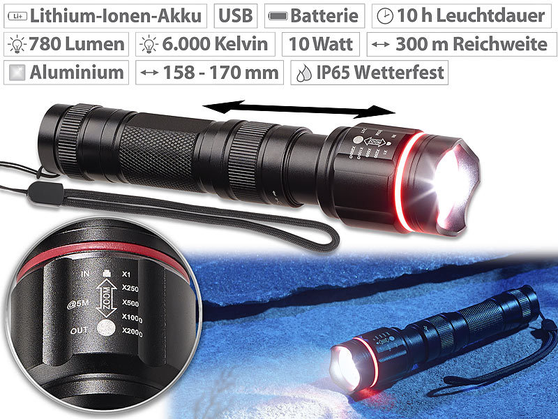 ; LED-Akku-Taschenlampen mit USB-Powerbank 