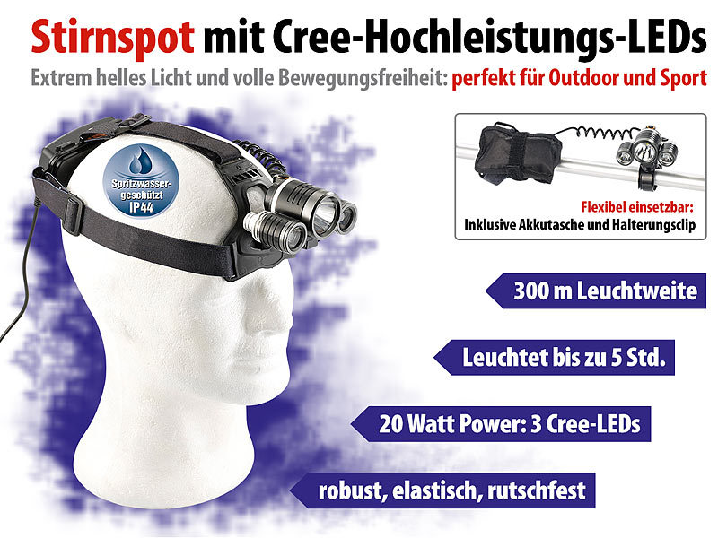 ; Akku-Stirnlampen mit LED-Band, Spotlight und farbigem Licht Akku-Stirnlampen mit LED-Band, Spotlight und farbigem Licht 