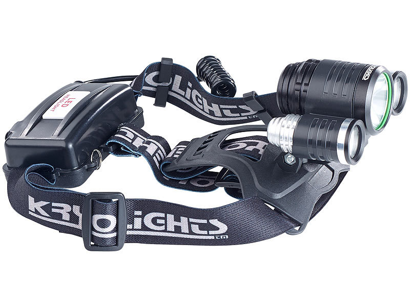 ; Akku-Stirnlampen mit LED-Band, Spotlight und farbigem Licht 