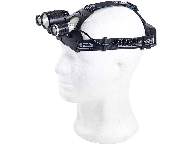 ; Akku-Stirnlampen mit LED-Band, Spotlight und farbigem Licht 