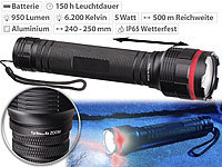 KryoLights Cree-LED-Taschenlampe mit Alu-Gehäuse, 10 Watt, 950 Lumen, IP65; LED-Akku-Taschenlampen mit USB-Powerbank LED-Akku-Taschenlampen mit USB-Powerbank 