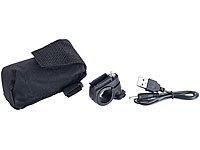 ; Akku-Stirnlampen mit LED-Band, Spotlight und farbigem Licht 