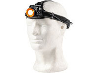 ; Akku-Stirnlampen mit LED-Band, Spotlight und farbigem Licht 