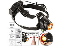 ; Akku-Stirnlampen mit LED-Band, Spotlight und farbigem Licht 