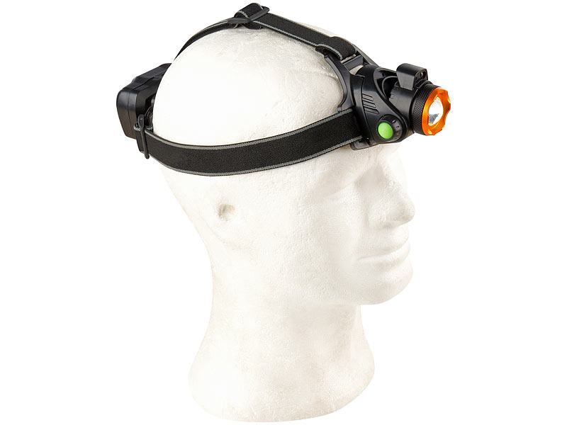; Akku-Stirnlampen mit LED-Band, Spotlight und farbigem Licht 