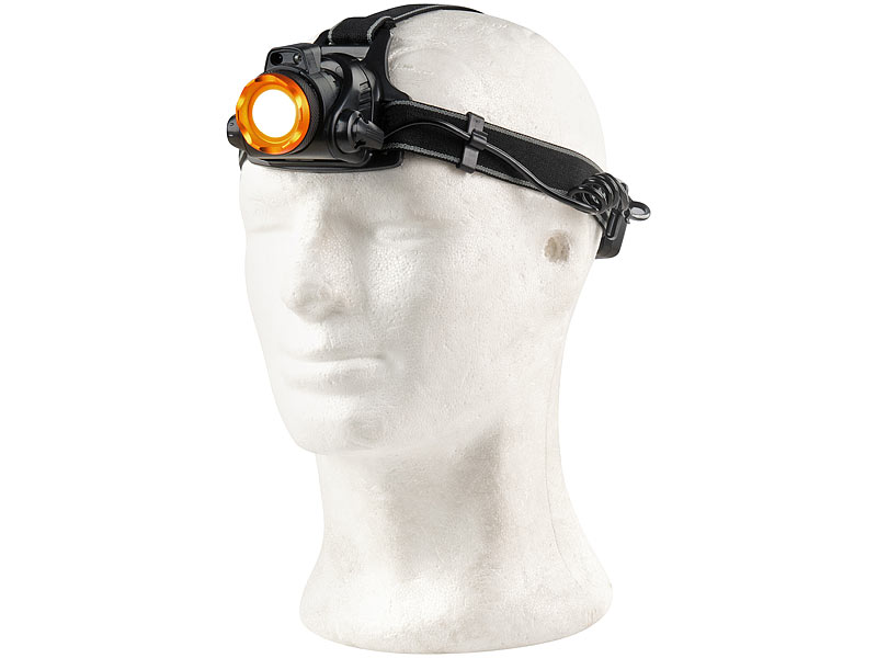 ; Akku-Stirnlampen mit LED-Band, Spotlight und farbigem Licht 