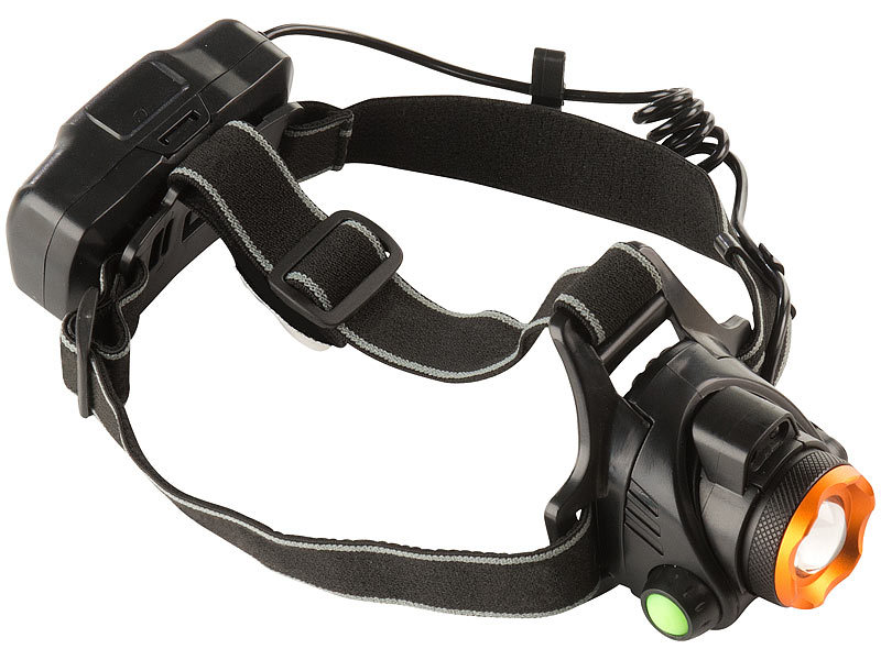 ; Akku-Stirnlampen mit LED-Band, Spotlight und farbigem Licht 