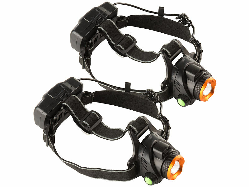 ; Akku-Stirnlampen mit LED-Band, Spotlight und farbigem Licht Akku-Stirnlampen mit LED-Band, Spotlight und farbigem Licht Akku-Stirnlampen mit LED-Band, Spotlight und farbigem Licht 