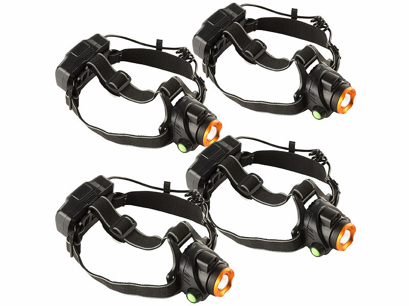 ; Akku-Stirnlampen mit LED-Band, Spotlight und farbigem Licht Akku-Stirnlampen mit LED-Band, Spotlight und farbigem Licht Akku-Stirnlampen mit LED-Band, Spotlight und farbigem Licht 